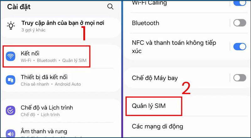 Nhấn vào mục Quản lý SIM tại tùy chọn Kết nối 