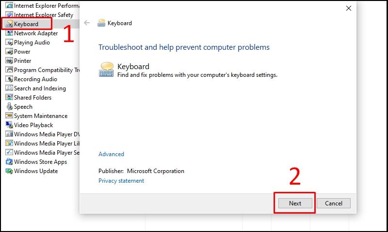 Nhấn chọn Keyboard, sau đó click vào ô Next