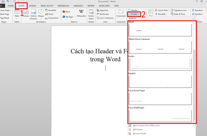 Vào tab Insert, chọn Header & Footer và mẫu Footer phù hợp