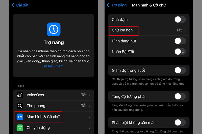 Nhấn vào mục Chữ lớn hơn