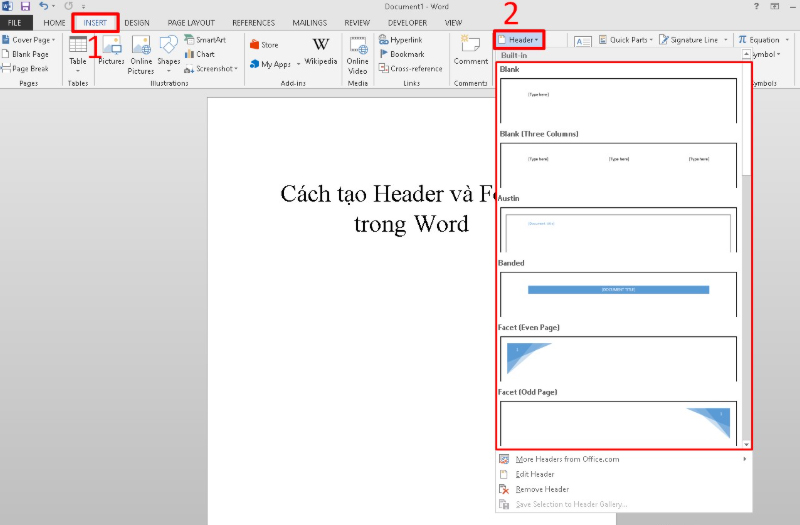 Click vào Header & Footer và chọn mẫu Header yêu thích
