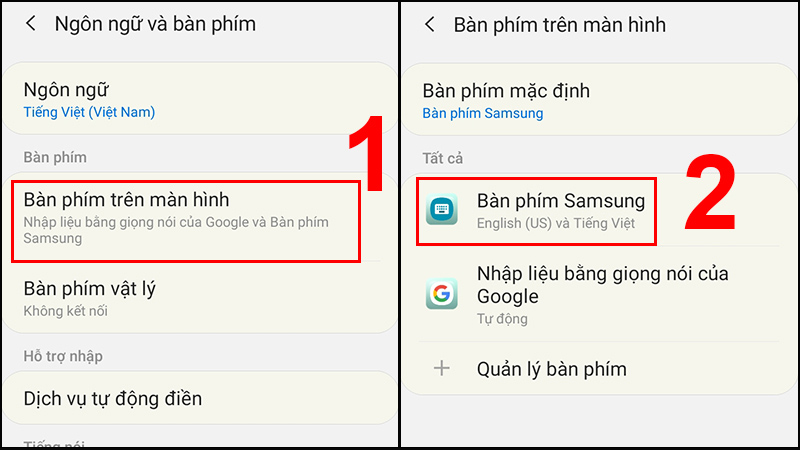 Chọn Bàn phím trên màn hình và Bàn phím Samsung 