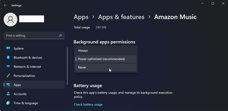 Trong Background apps permissions chọn Never để ngăn ứng dụng chạy ngầm