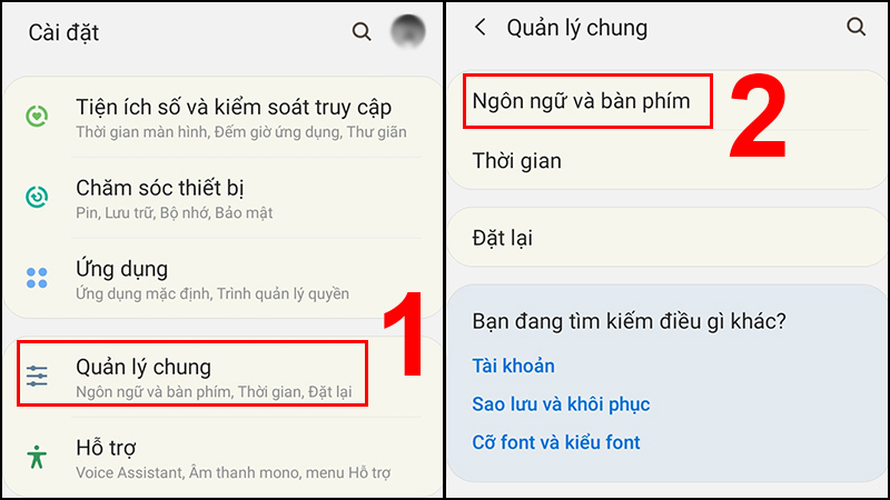 Chọn Quản lý chung, nhấn vào mục Ngôn ngữ và bàn phím