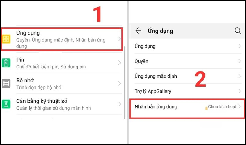 Trên điện thoại Huawei chọn Nhân bản ứng dụng