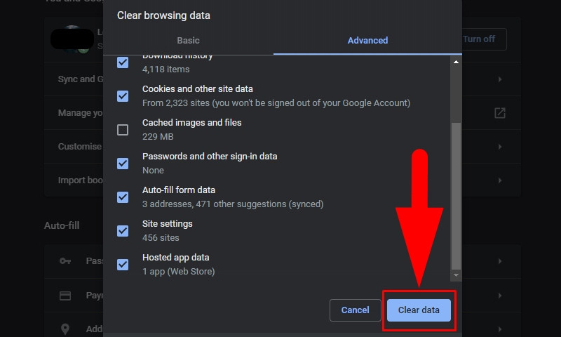 Nhấn Clear data sau khi chọn nội dung muốn xóa