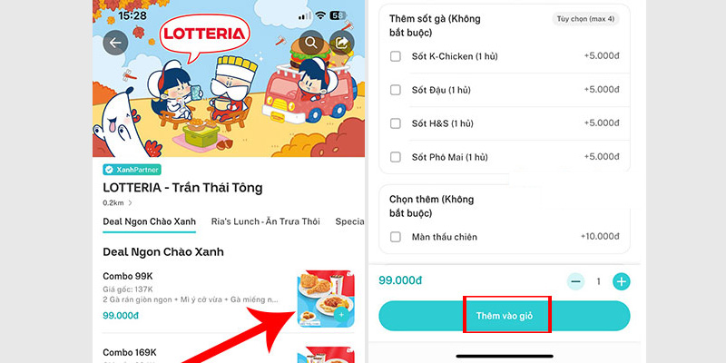 Chọn món ăn muốn đặt sau đó nhấn vào nút Thêm vào giỏ hàng