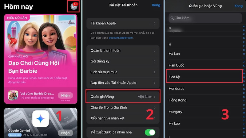 Vào AppStore và chọn Quốc gia/Vùng