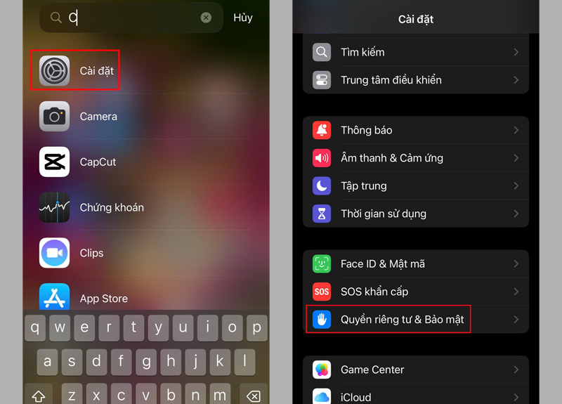 Mở ứng dụng Cài đặt, chọn Quyền riêng tư & Bảo mật