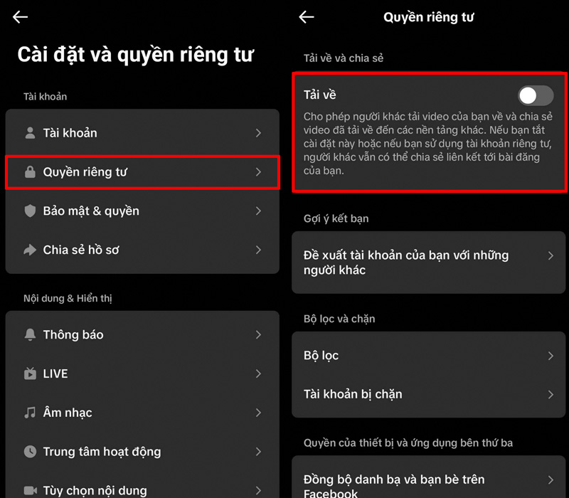 Kéo thanh gạt mục Tải về sang trái để tắt nó đi