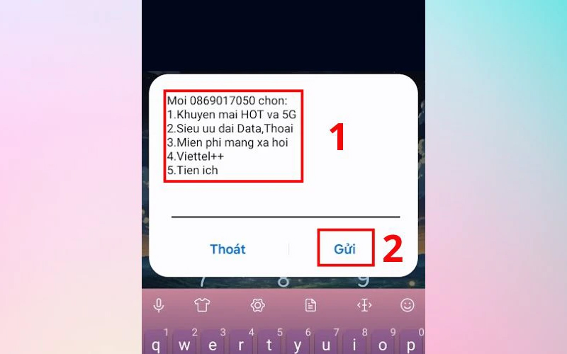 Chọn số tương ứng với mục kiểm tra gói cước và nhấn Gửi