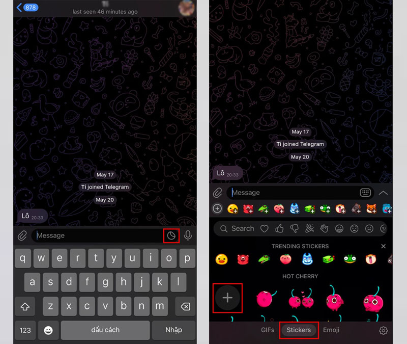 Chọn tab Stickers, sau đó click vào dấu cộng