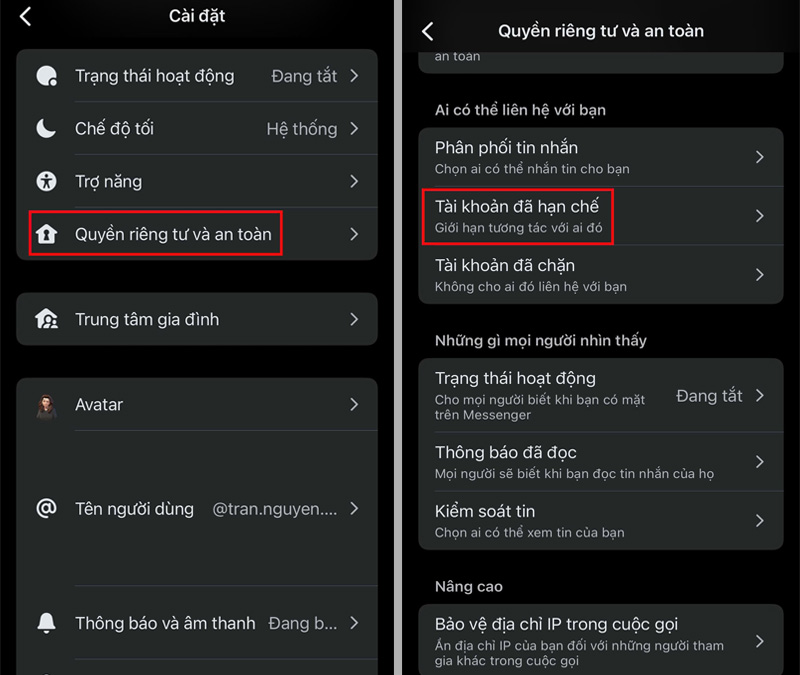 Chọn Quyền riêng tư và an toàn, nhấn vào mục Tài khoản đã hạn chế