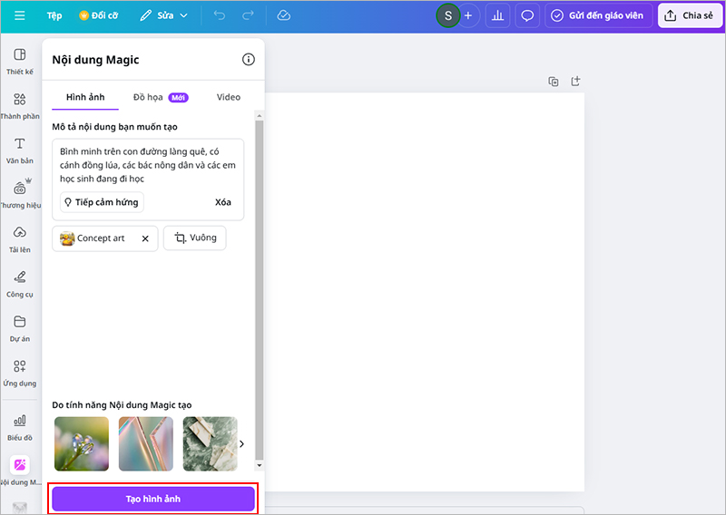 Bạn bấm “Tạo hình ảnh” và Canva AI sẽ tạo bức ảnh phù hợp với nội dung