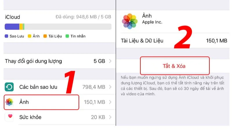 Chọn Tắt & Xóa ảnh để xóa ảnh đã lưu trên iCloud