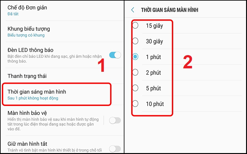 Chọn Thời gian sáng màn hình và đặt thời gian phù hợp