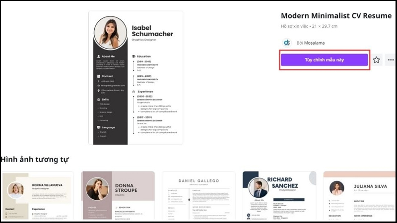 Bắt đầu tạo CV trên Canva bằng cách nhấn Tùy chỉnh mẫu này
