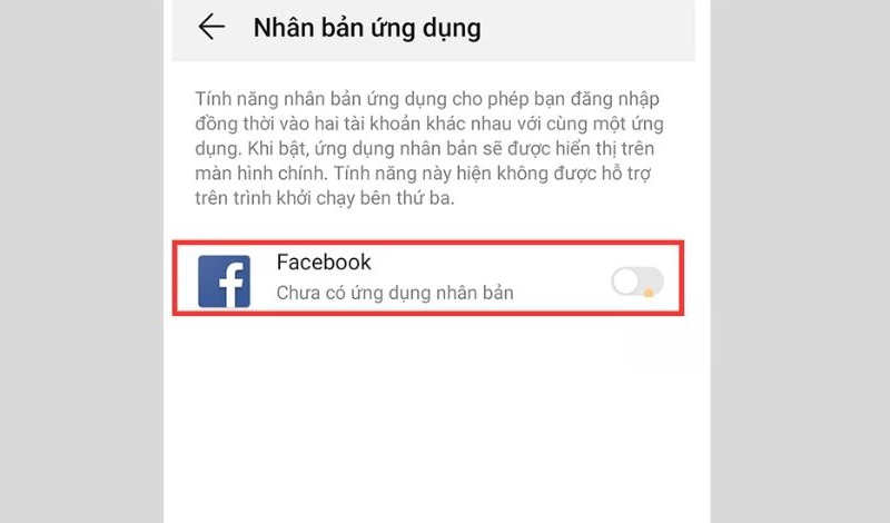Bật tùy chọn cho ứng dụng cần nhân bản