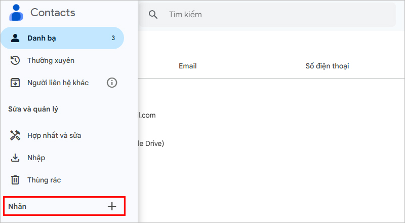 Tại giao diện Google Contacts, chọn vào dấu “+” ở phần "Nhãn"