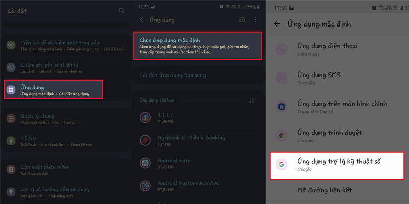 Chọn vào Ứng dụng trợ lý kỹ thuật số trong Cài đặt