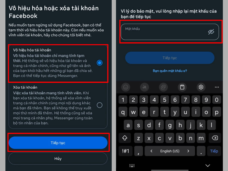 Vô hiệu hóa tài khoản, nhập mật khẩu để hoàn tất