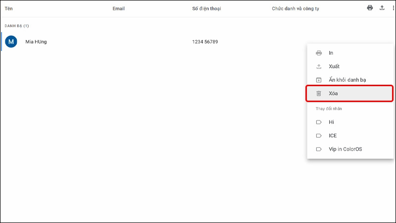Chọn Xóa liên hệ Gmail