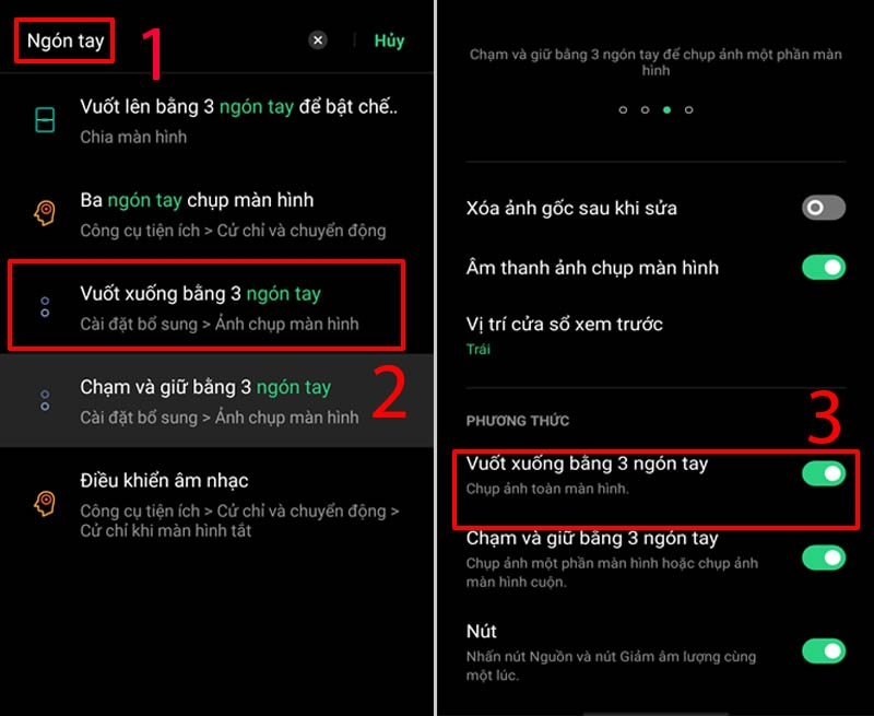 Dùng cử chỉ vuốt 3 ngón tay để chụp màn hình điện thoại OPPO