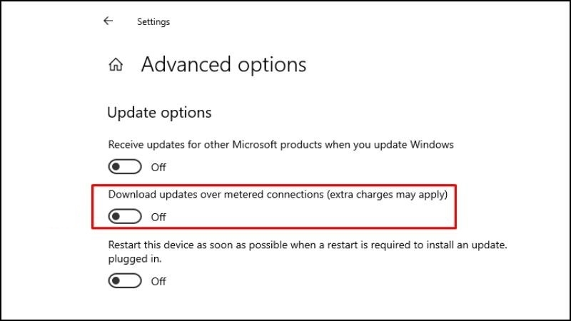 Chuyển tùy chọn Download updates over metered connections từ on sang off