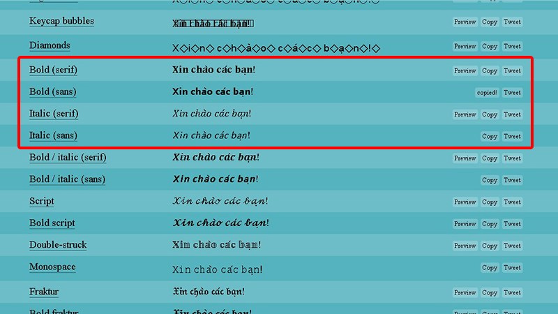Nhấn nút Copy bên cạnh kiểu chữ bạn thích