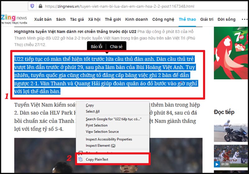 Nhấn chuột phải vào nội dung và chọn Copy as Plain Text từ menu ngữ cảnh
