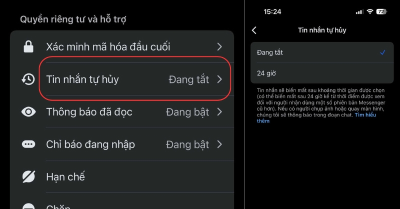 Cuộn xuống và tìm mục “Tin nhắn tự hủy” sau đó nhấn 24 giờ