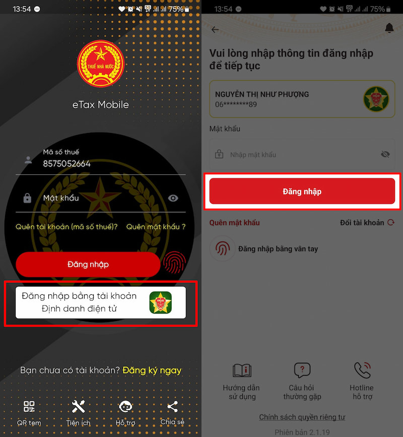 Đăng nhập eTax Mobile bằng tài khoản VNeID