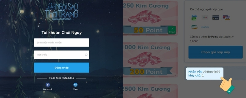 Đăng nhập tài khoản game của bạn trên game Ngôi Sao Thời Trang