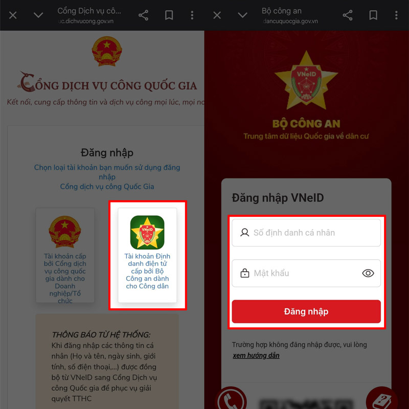 Tiến hành đăng nhập vào Cổng DVCQG theo yêu cầu của hệ thống