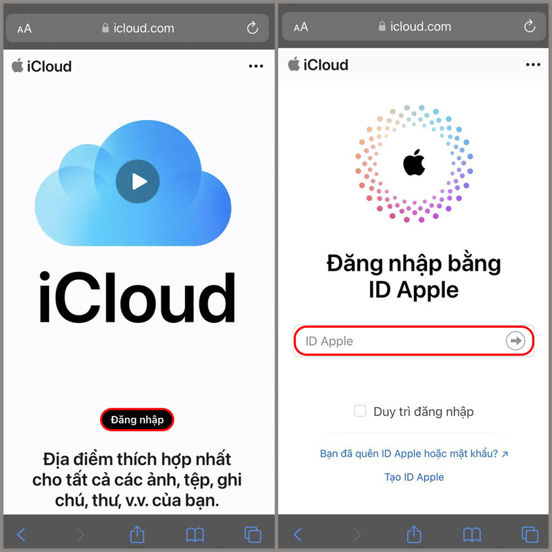 Vào website iCloud và đăng nhập