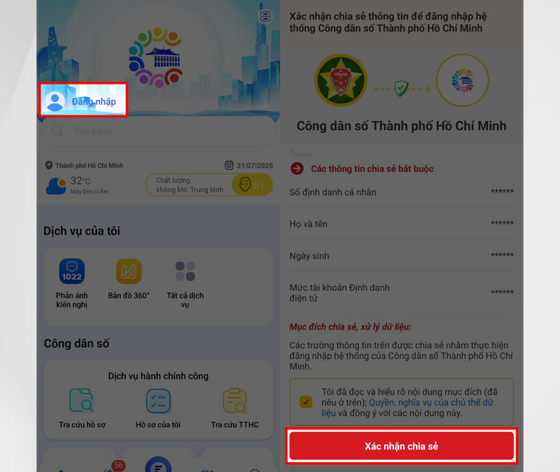 Mở ứng dụng Công dân số TP.HCM và đăng nhập vào tài khoản 