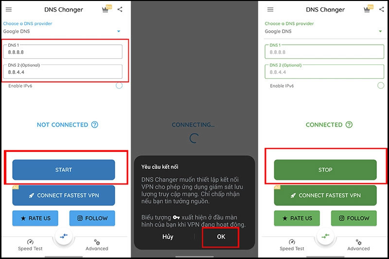 Mở ứng dụng và chọn DNS công cộng xem lỗi có được khắc phục không