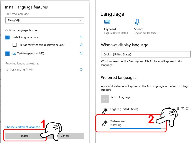 Click vào mục Install, sau đó chọn Vietnamese