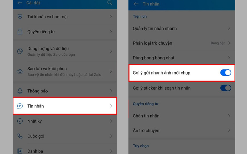 Tắt tính năng Gợi ý ảnh vừa chụp cho từng cuộc trò chuyện