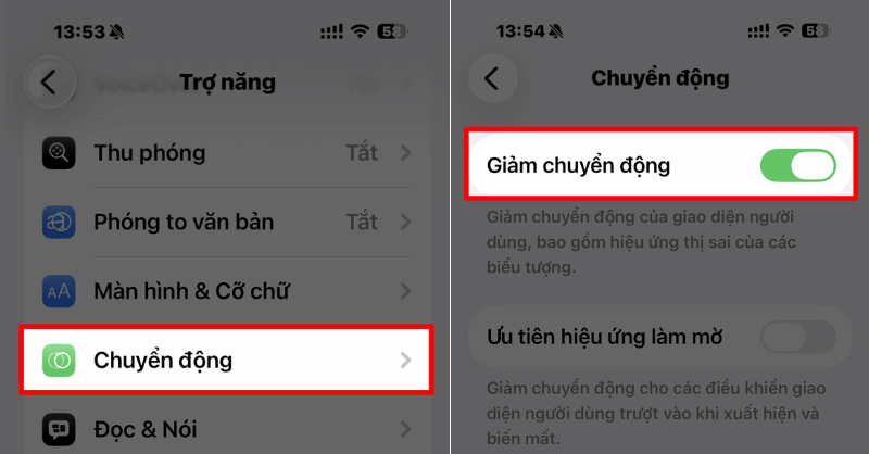 Giảm hiệu ứng chuyển động trên iOS 26