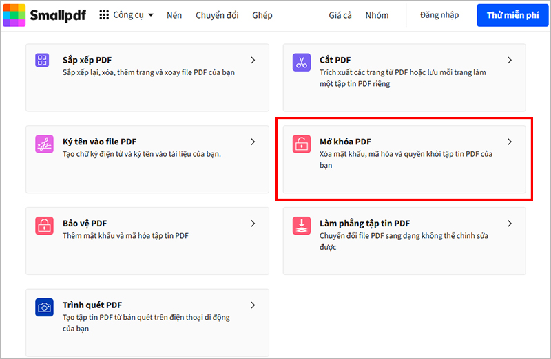 Gỡ mật khẩu file PDF với SmallPDF