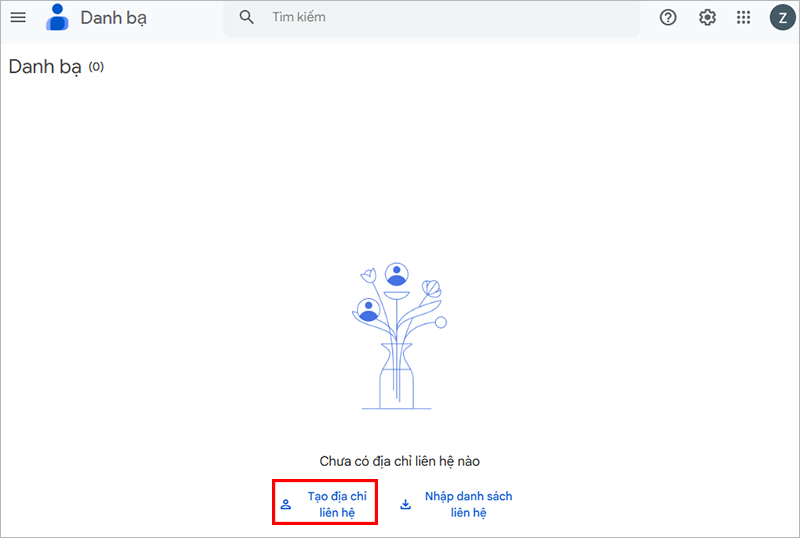 Tại giao diện Google Contacts, lựa chọn "Tạo địa chỉ liên hệ"