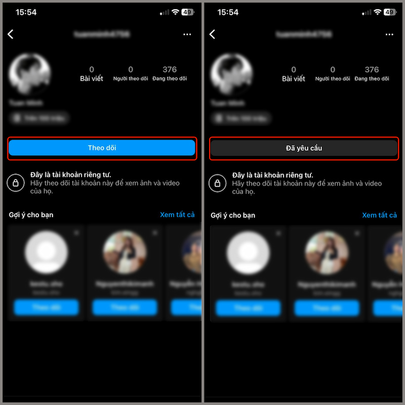 Gửi yêu cầu theo dõi Instagram riêng tư