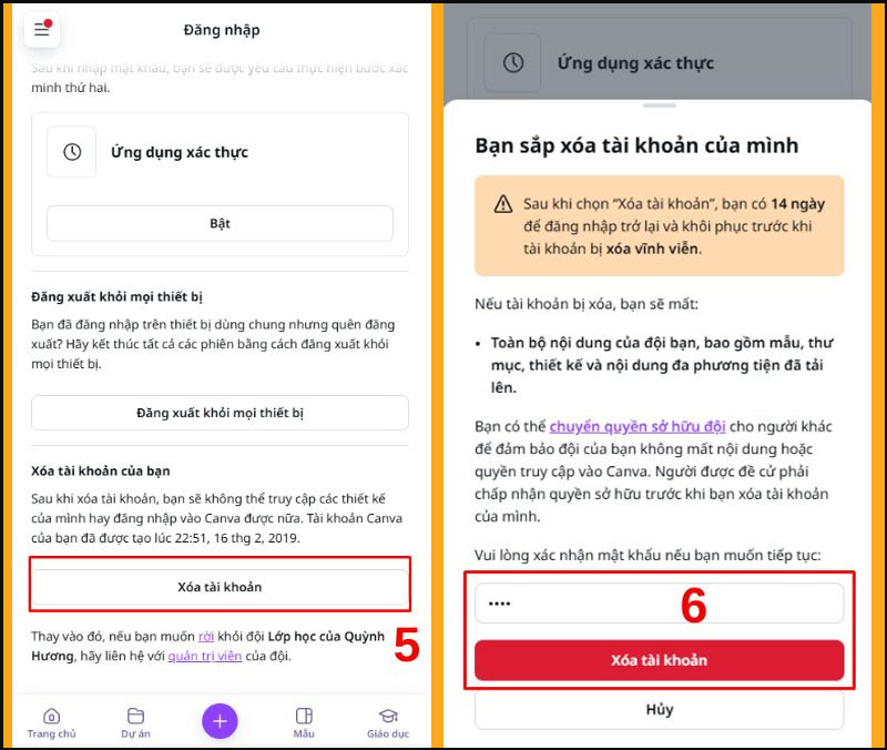 Nhấn vào tùy chọn Xóa tài khoản 