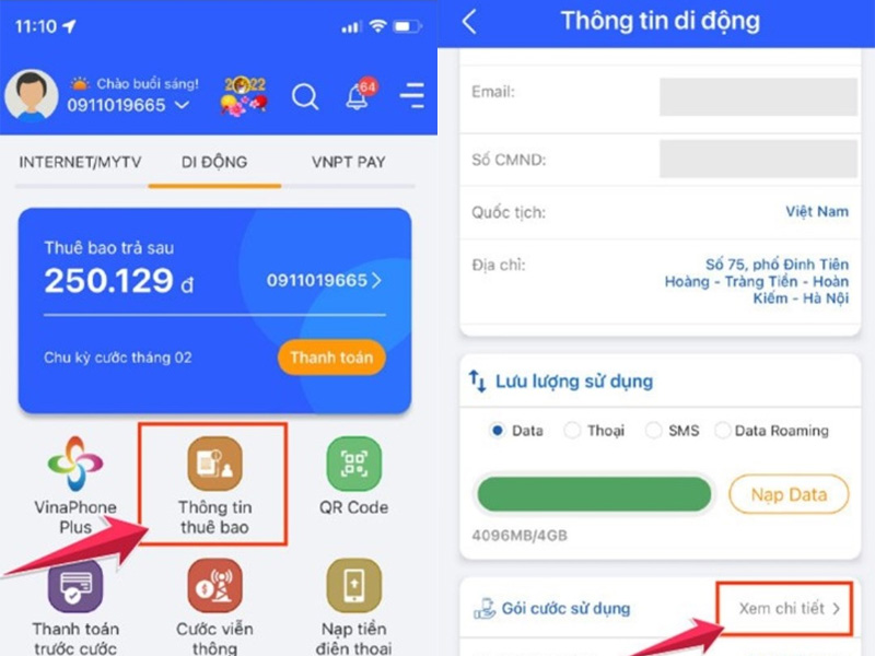Vào App My VNPT chọn Quản lý gói cước để kiểm tra