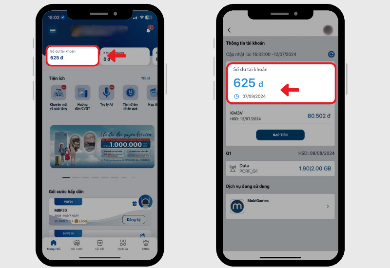 Trong ứng dụng My MobiFone nhấn vào số dư tài khoản