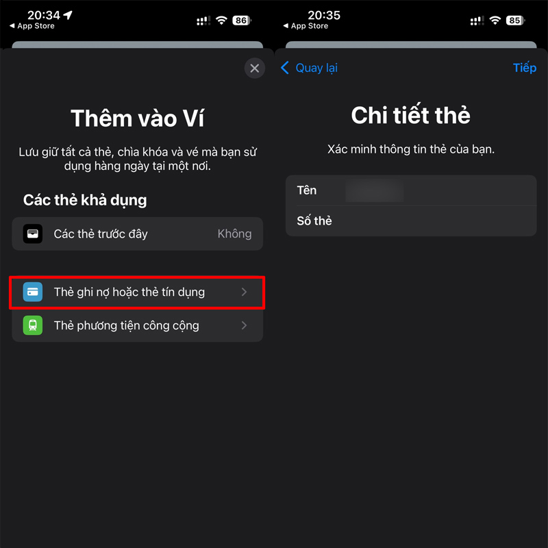 Chọn thẻ ghi nợ hoặc tín dụng và đưa thẻ vào khung camera
