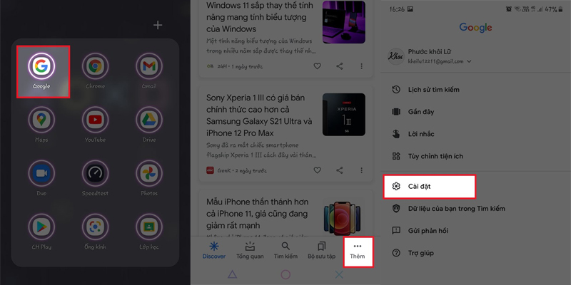 Mở Google và chọn vào Cài đặt