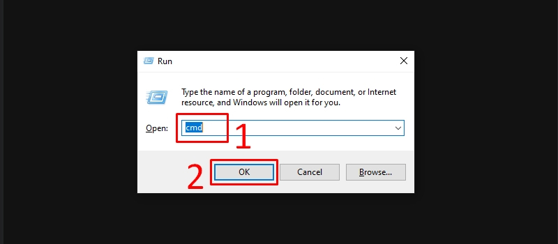 Nhập lệnh cmd và ô Open để mở Command Prompt và nhấn OK