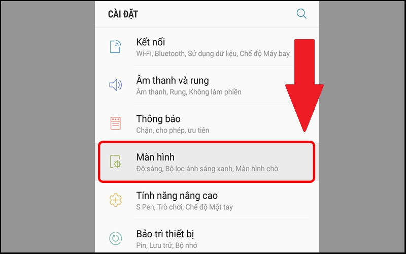 Nhấn vào mục Màn hình tại giao diện Cài đặt